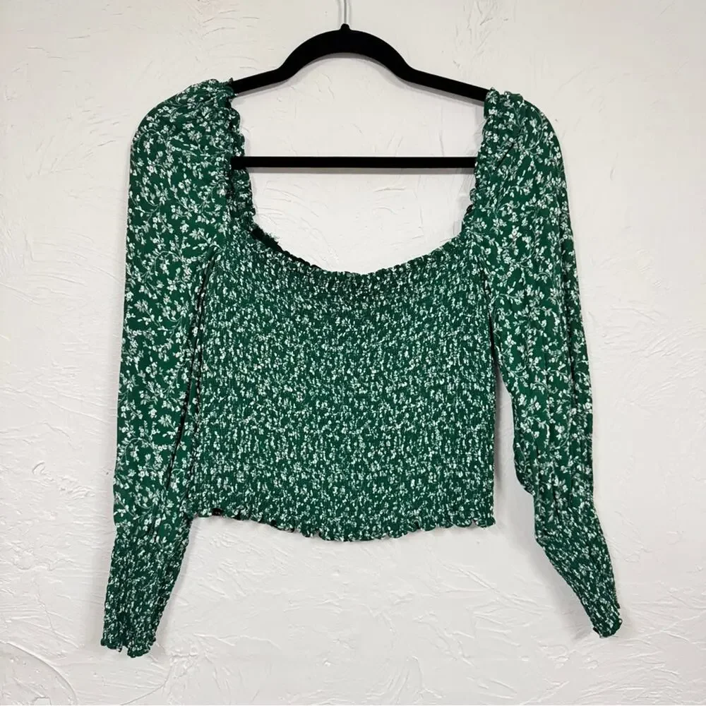 Reformation Green Ditsy Floral Smocked Blouse Womens M Summer Sheer Sleeve Boho